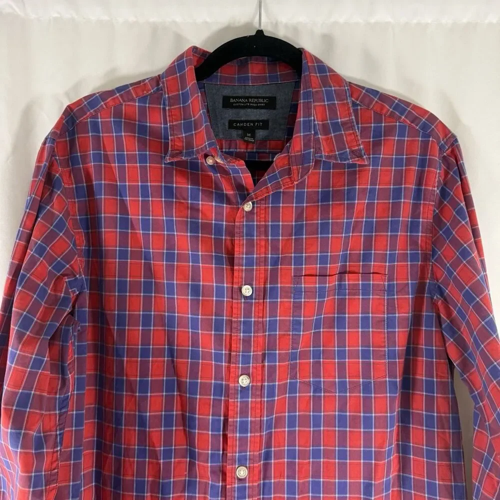Banana Republic Custom 078 Wash Shirt Camden Fit Men's Medium Red Blue Plaid